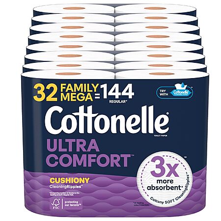 32-Count Cottonelle Family Mega Toilet Paper Rolls: Ultra Comfort $22.61, Ultra Clean $22.61 w/ S&S @Amazon