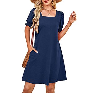 Casual Cute Square Neck Puff Short Sleeve Dress with Pockets $7.99