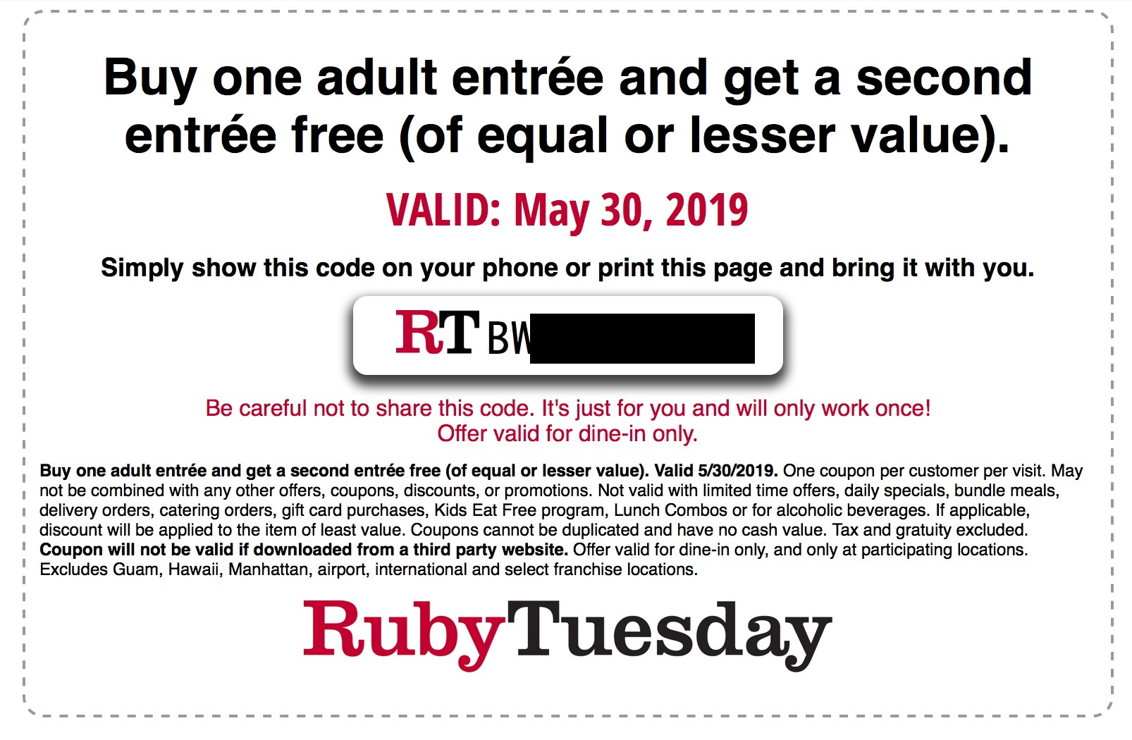 3 Ruby Tuesday BOGO free coupons for tomorrow 5/30/19 only - Slickdeals.net