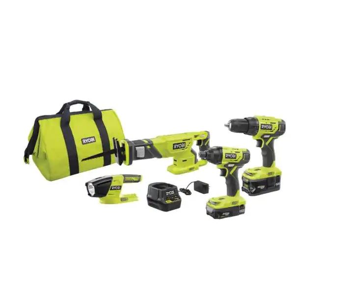 Ryobi ONE+ 18V Lithium-Ion Cordless 4-Tool Combo Kit with (2) Batteries, 18V Charger, and Bag $74.89 (after Hack) $75 at Home Depot
