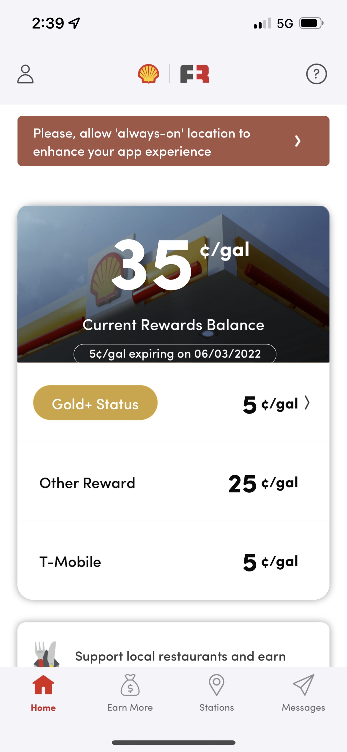 received 25 cents discount per gal on shell fuel reward account every time I use shell app