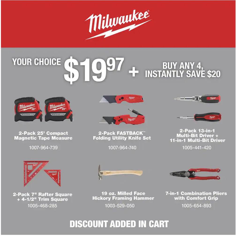 Select Milwaukee Tools (Hammer, 2Pk MultiTip Screwdriver, 2Pk Tape Measure & More)