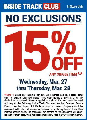 Inside Track Club Saves 15% Off Any Single Item – NO EXCLUSIONS!