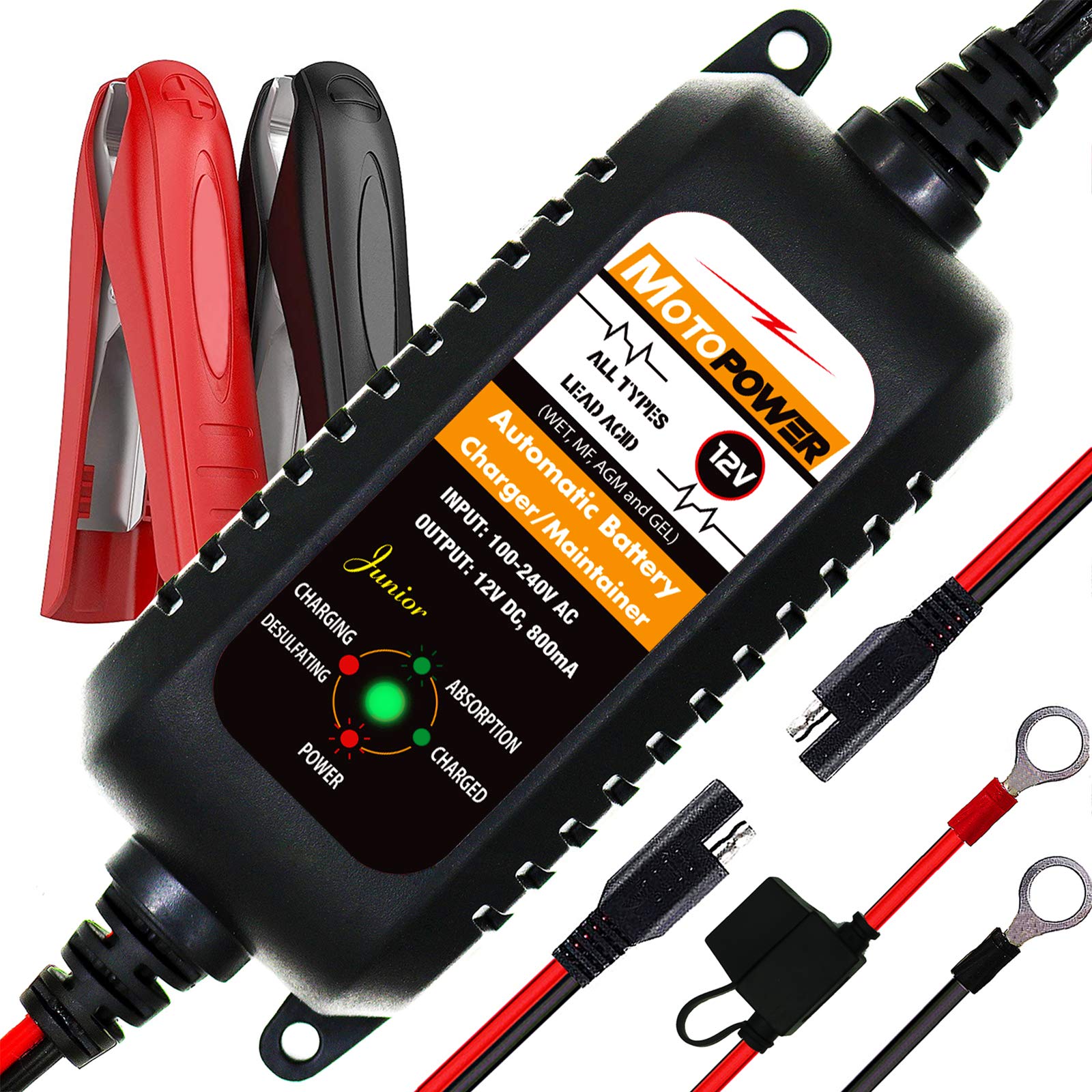 MOTOPOWER MP00205A 12V 800mA Automatic Battery Charger, Battery Maintainer, Trickle Charger, and Battery Desulfator at Amazon