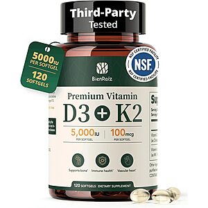 BienRaíz Vitamin D3 K2 5000IU, All-Trans MK-7 100mcg, 120 Softgels $4.64