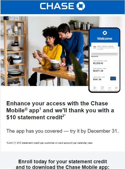 FREE $10 Statement Credit from Chase for trying out their Chase Mobile app by Dec 31 - YMMV