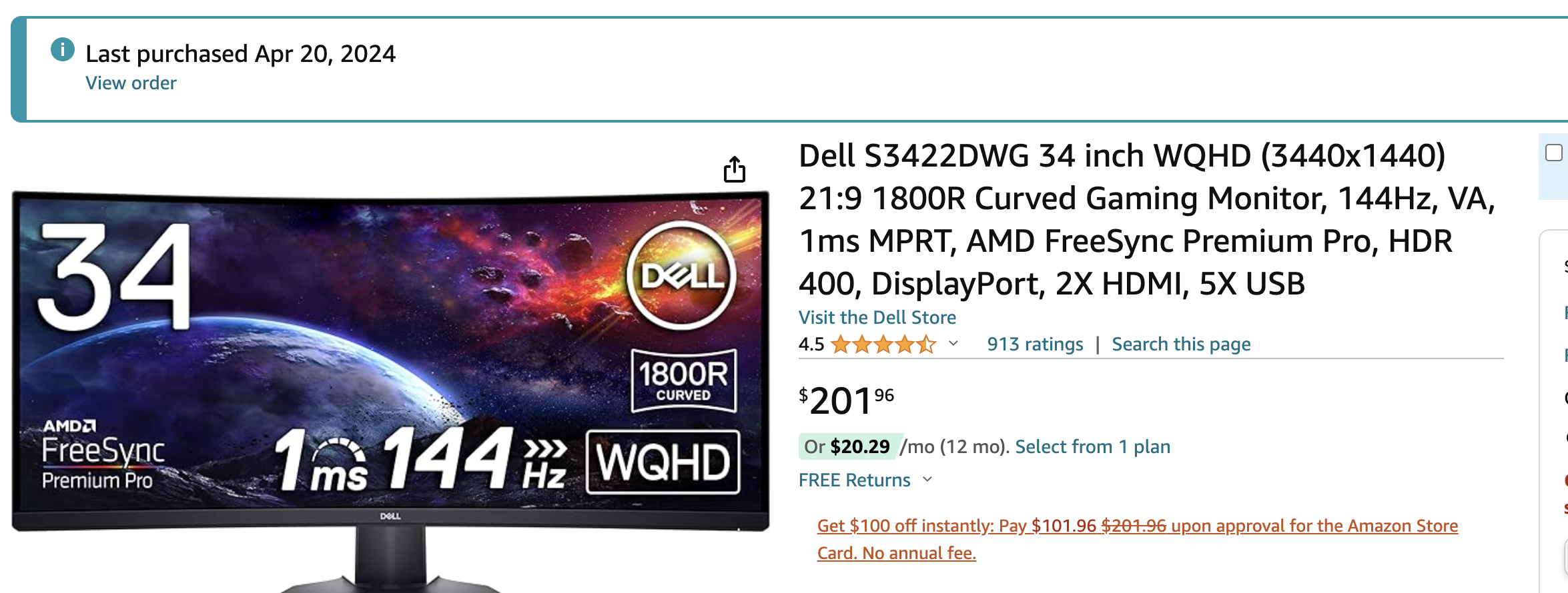 Dell S3422DWG 34 inch WQHD (3440x1440) 21:9 1800R Curved Gaming Monitor, 144Hz, VA, 1ms MPRT, AMD FreeSync Premium Pro, HDR 400, DisplayPort, 2X HDMI, 5X USB $201