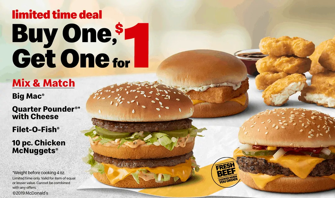 McDonald’s offers buy-one-get-one for $1 deal on four menu favorites.