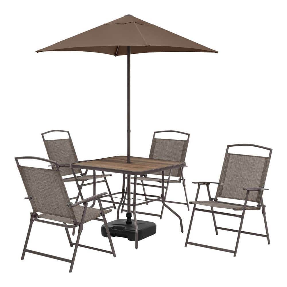 Mix and Match 7-Piece Metal Sling Folding Outdoor Dining Set with Umbrella and Base $241.  Reg. $449.  F/S from Home Depot.