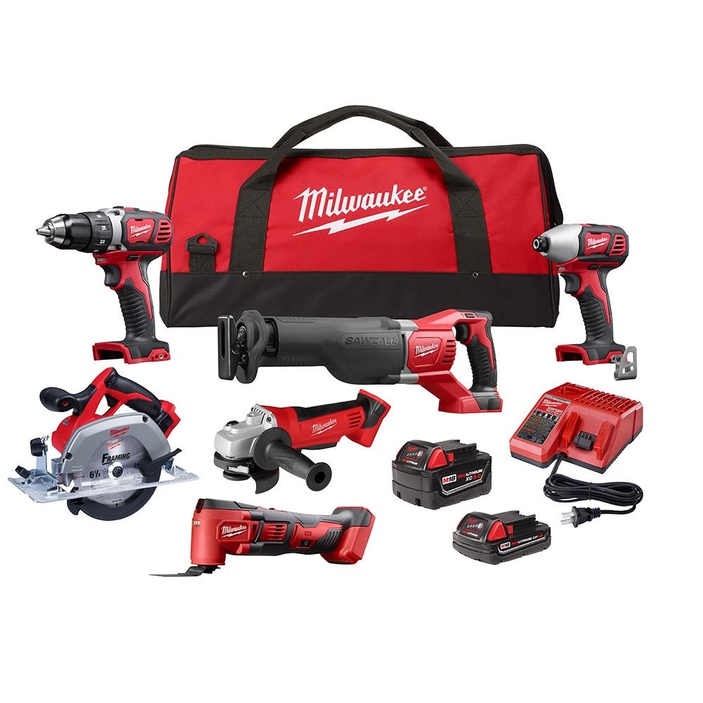 Milwaukee M18 18-Volt Lithium-Ion Cordless Combo Kit (6-Tool) with Two Batteries, Charger and Tool Bag-2697-26 - $450