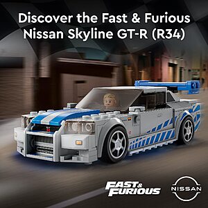 319-Piece LEGO Speed Champions 2 Fast 2 Furious Nissan Skyline GT-R (R34),  Race Car Building Kit $20 + Free Shipping w/ Prime or on $35+