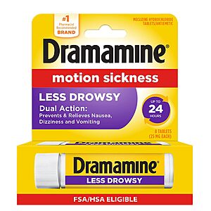Select Accounts: 8-Ct Dramamine Less Drowsy Motion Sickness Relief Tablets $2.10 w/ S&S