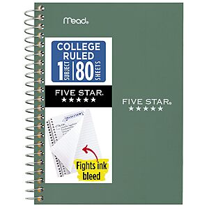 7" x 4-3/8" Five Star Spiral Notebook (College Ruled, 80 Sheets, Green) $1.87 + Free Shipping w/ Prime or on $35+