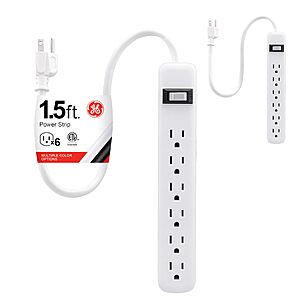 2-Pack GE 6-Outlet Power Strip w/ 1.5' Cord (White) or on