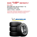 Costco Members: 4/15-4/28 -  $150 off Instantly Set of 4 Michelin Tires