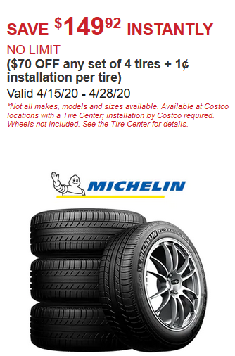 Costco Members 4 15 4 28 150 Off Instantly Set Of 4 Michelin Tires Slickdeals Net