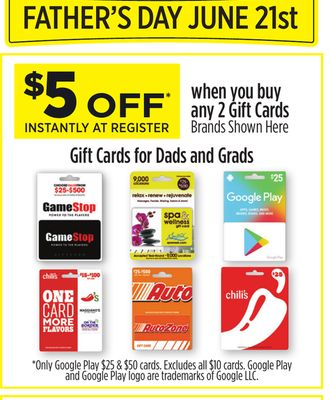 gamestop and other gift cards (buy 2x$25 save $5) b & m $45