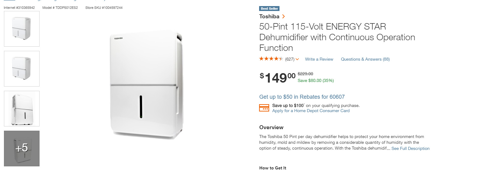 50-Pint 115-Volt ENERGY STAR Dehumidifier with Continuous Operation Function $149