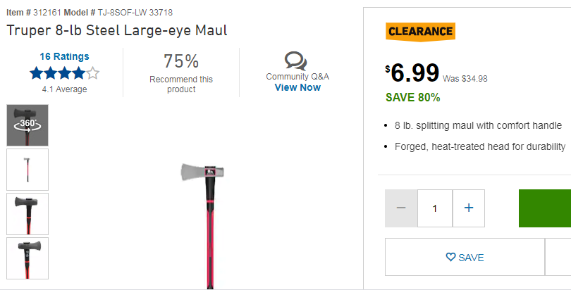YMMV Truper 8-lb Steel Large-Eye Splitting Axe / Maul Item # 312161 $6.99