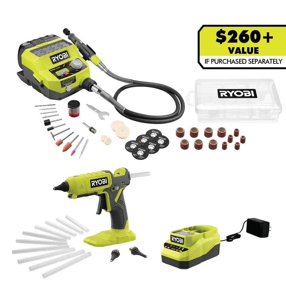 RYOBI ONE+ 18V Cordless 2- Tool Combo Kit with Rotary Tool Station, Dual Temperature Glue Gun, 2.0 Ah Battery and Charger $49