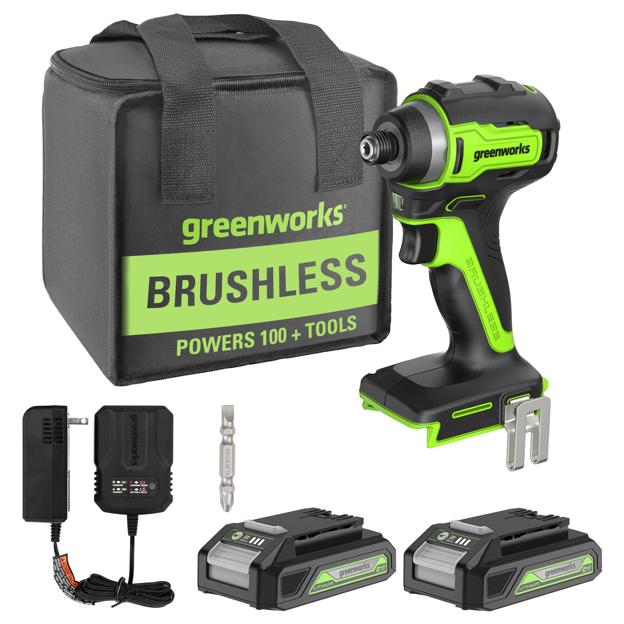 Greenworks 24V Cordless Impact Driver Kit, 1/4-inch Hex, 1950 in./lbs Torque, Variable Speed Brushless Impact Drill/Driver Set, 2 Batteries & Adapter charger, Bits and To - $65.90