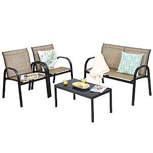 4-Piece Costway Patio Furniture Set w/ Glass Coffee Table (Brown)