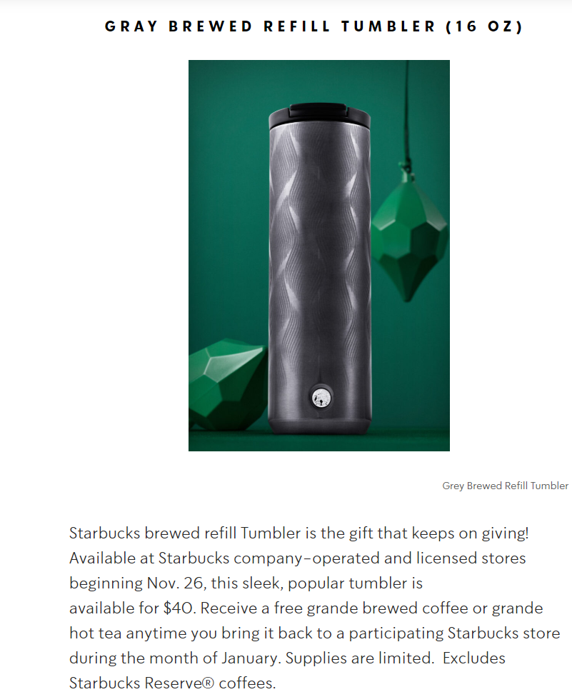 Starbucks 2020 Refill Tumbler - FREE Drinks Every Day in January 2020 for $40 16oz used daily