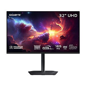 GIGABYTE - MO32U - 32" QD-OLED Gaming Monitor - UHD 3840x2160-165Hz - 0.03ms GTG - AMD FreeSync Premium Pro - Type C KVM - HDMI, DP - Height Adjustable - Black $649.99