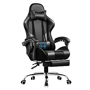 GTPLAYER Gaming Chair with Footrest Lumbar Support Adjustable Height (Black) + Free Shipping
