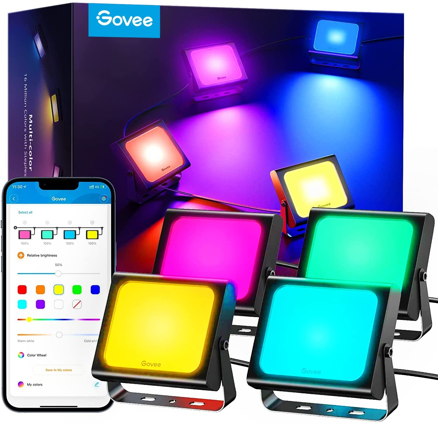 Outdoor Govee LED Flood Lights, Smart Stage Lights with 28 Scene Modes and 4 Music Modes, 500lm 6W per RGBIC 2200-6500K $84.99