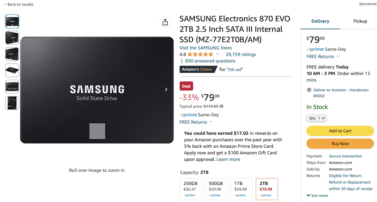 Samsung 870 EVO 2TB 2.5 SATA III internal SSD $79.99