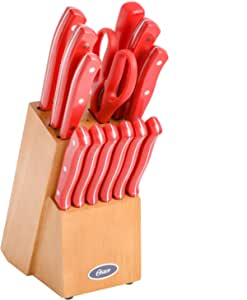 Oster Evansville 14 Piece Stainless Steel Cutlery Block Set, Red Handles $24