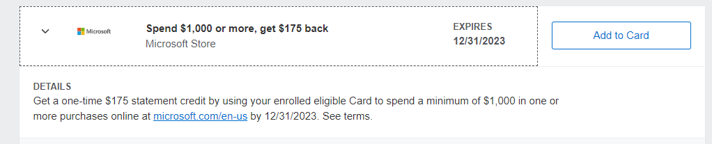 YMMV Amex spend $1000 or more and get $175 back Microsoft store
