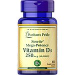 Puritan's Pride Vitamin D3 10000 IU Bolsters Health Immune System Support and Healthy Bones &amp; Teeth Softgels, Yellow, 100 Count $3.63