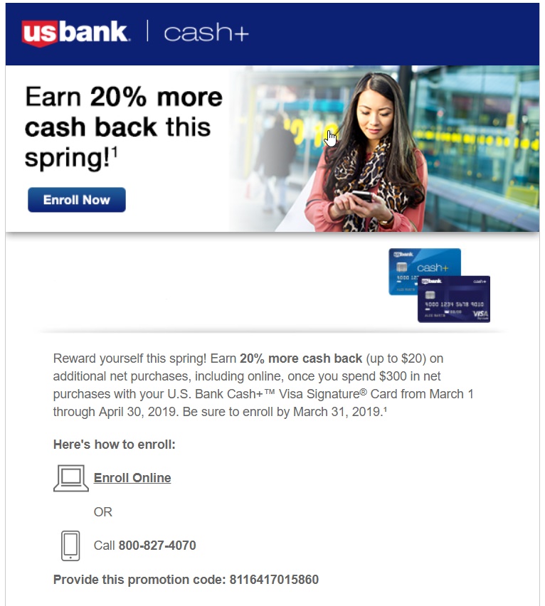 US Bank Credit card Earn 20% More Cash Back online upto $20 YMMV