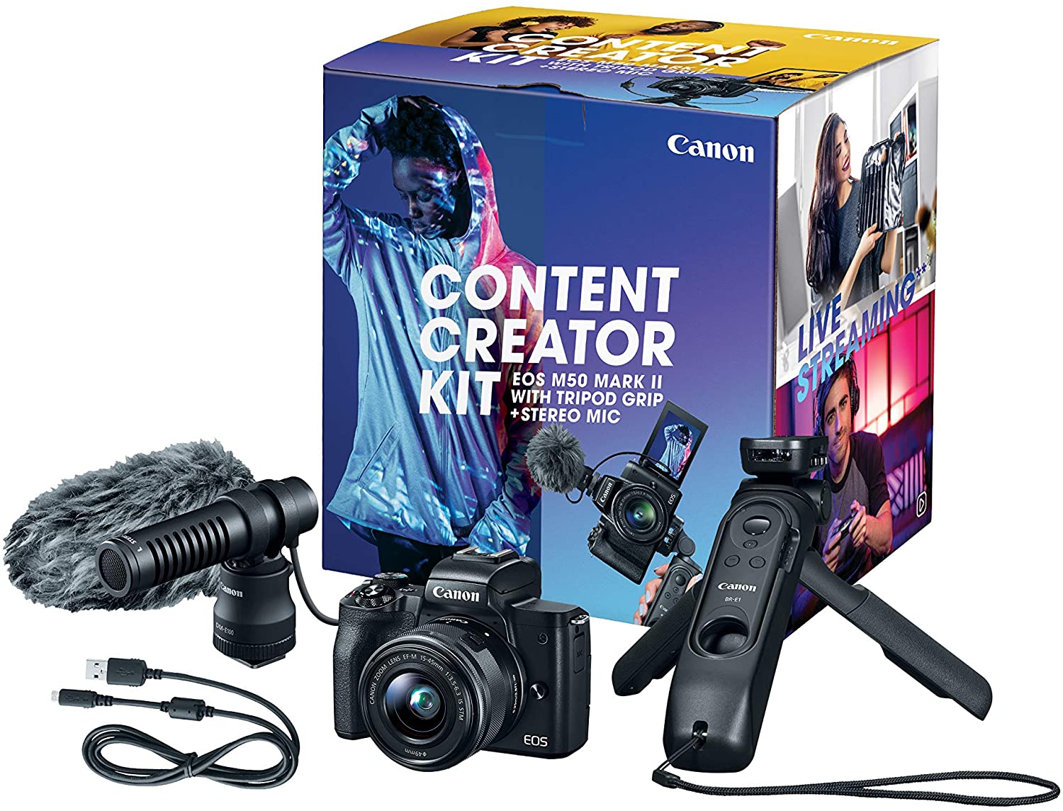 Canon EOS M50 Mark II Content Creator Kit, Mirrorless 4K Vlogging Camera Kit Includes EF-M 15-45mm Lens, Tripod Grip, Stereo Microphone - $735