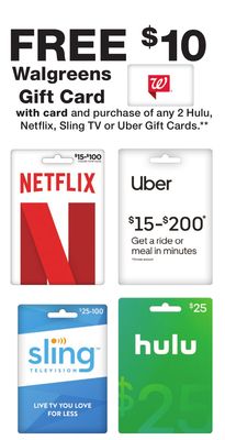 Uber Gift Card and Netflix Gift Card buy 2 x $15 each and Receive $10 Walgreens Gift Card(In Store) - YMMV due to region