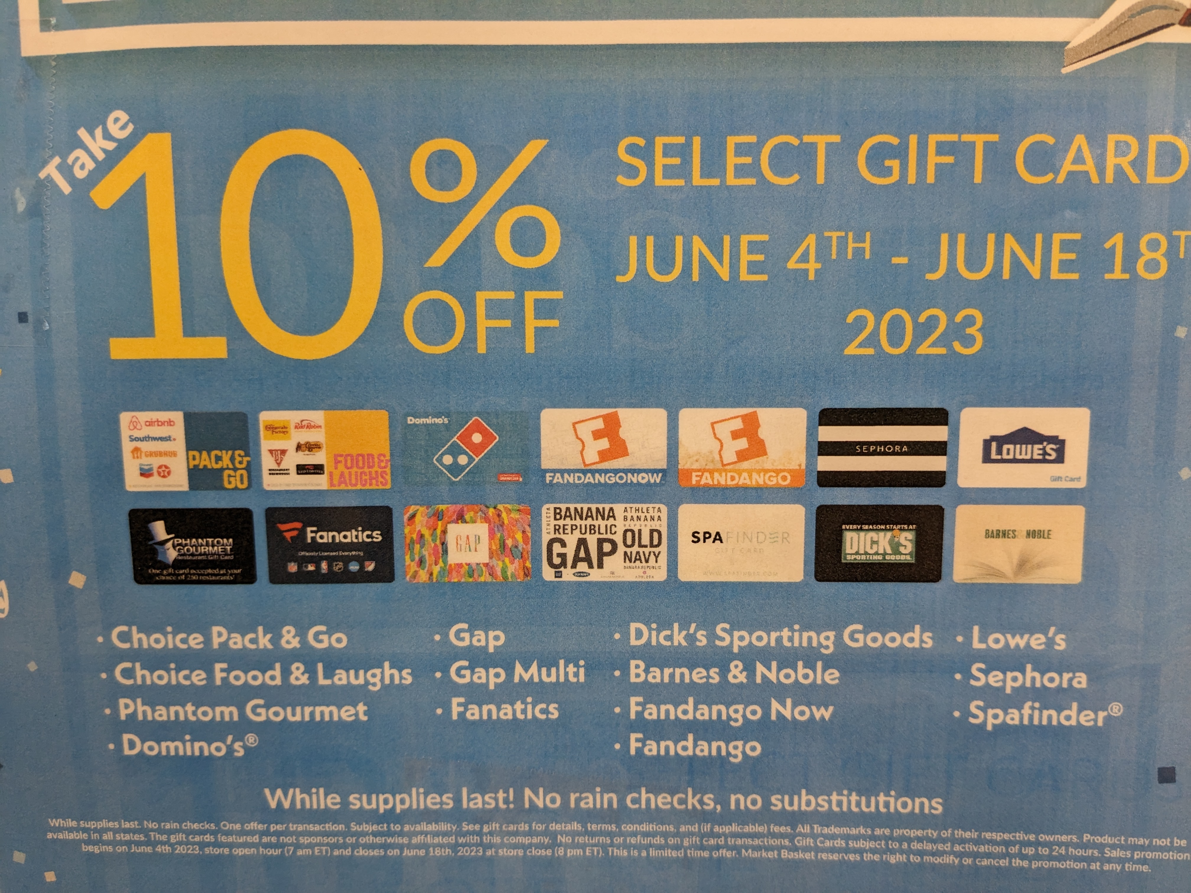 MA, NH, ME, RI Market Basket 10% off select gift cards includes lowes
