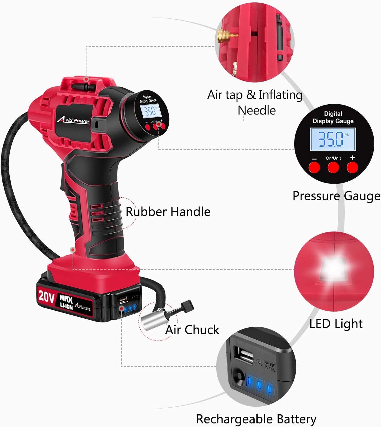Avid Power Tire Inflator Air Compressor 20v Cordless Car Tire Pump With Rechargeable Li Ion Battery