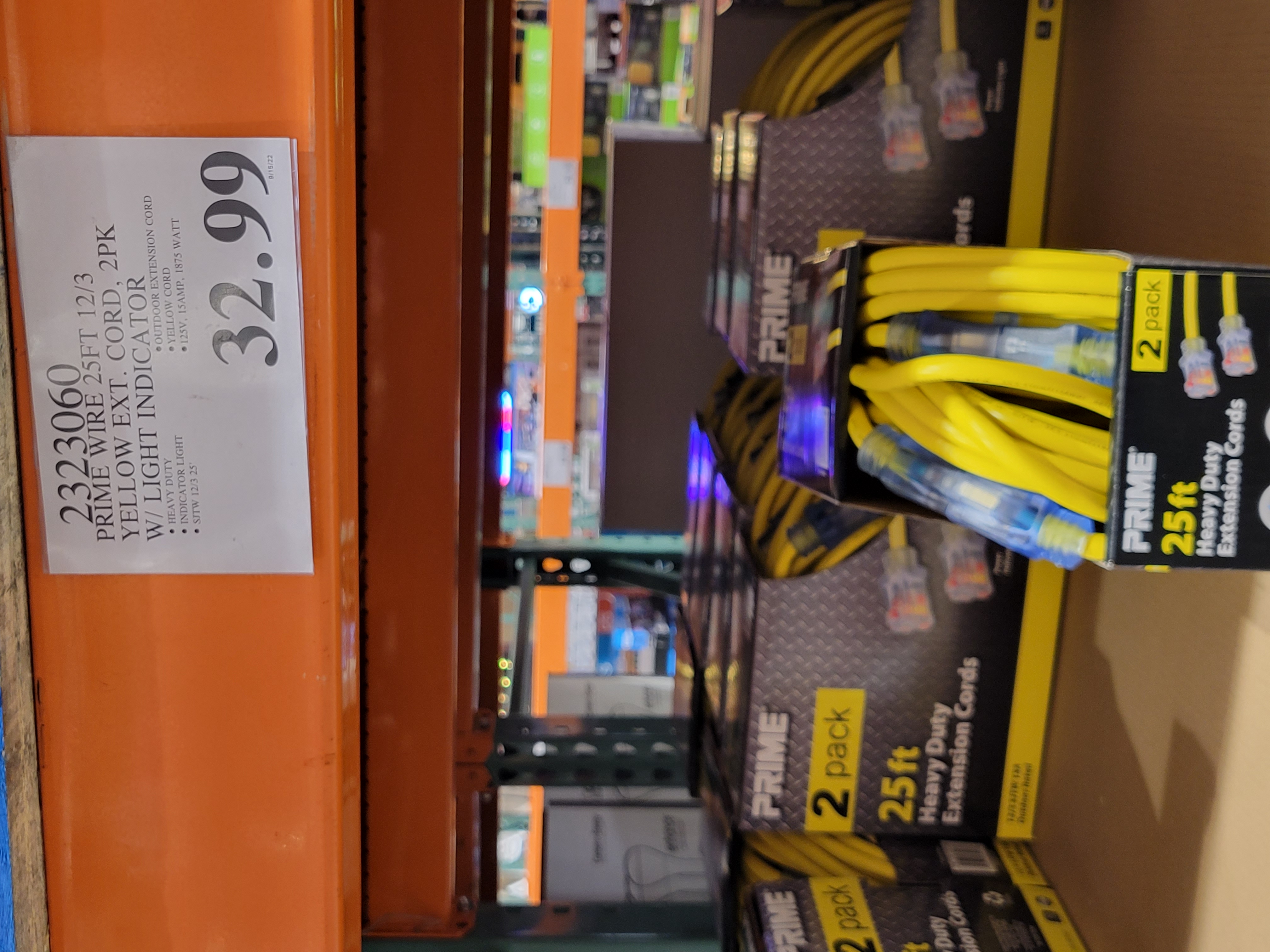 Costco (In store only?) Prime Wire 25' 12/3 SJTW Yellow Extension Cord 2  Pack w/ Light Indicator $32.99