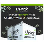 Upack moving company, Use Code SNO150 To Get  $150 Off Your U-Pack Move,  Valid through January 31st, 2025.
