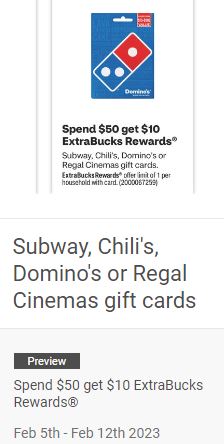 CVS In-Store Buy $50 Gift Cards Get $10 ExtraBucks for Dominos, Subway, Chilis, Regal Cinemas, Best Buy, Wayfair, Playstation, H&M, Feb. 5 - 12, 2023