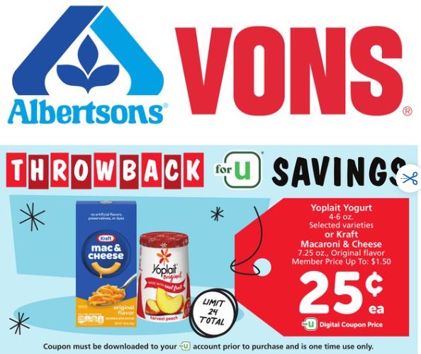 So Cal Vons/Albertsons/Pavilions Stores: Kraft Mac & Cheese or Yoplait Yogurt $.25 Each after U Rewards Digital Coupon through 1/9/2024 $0.25