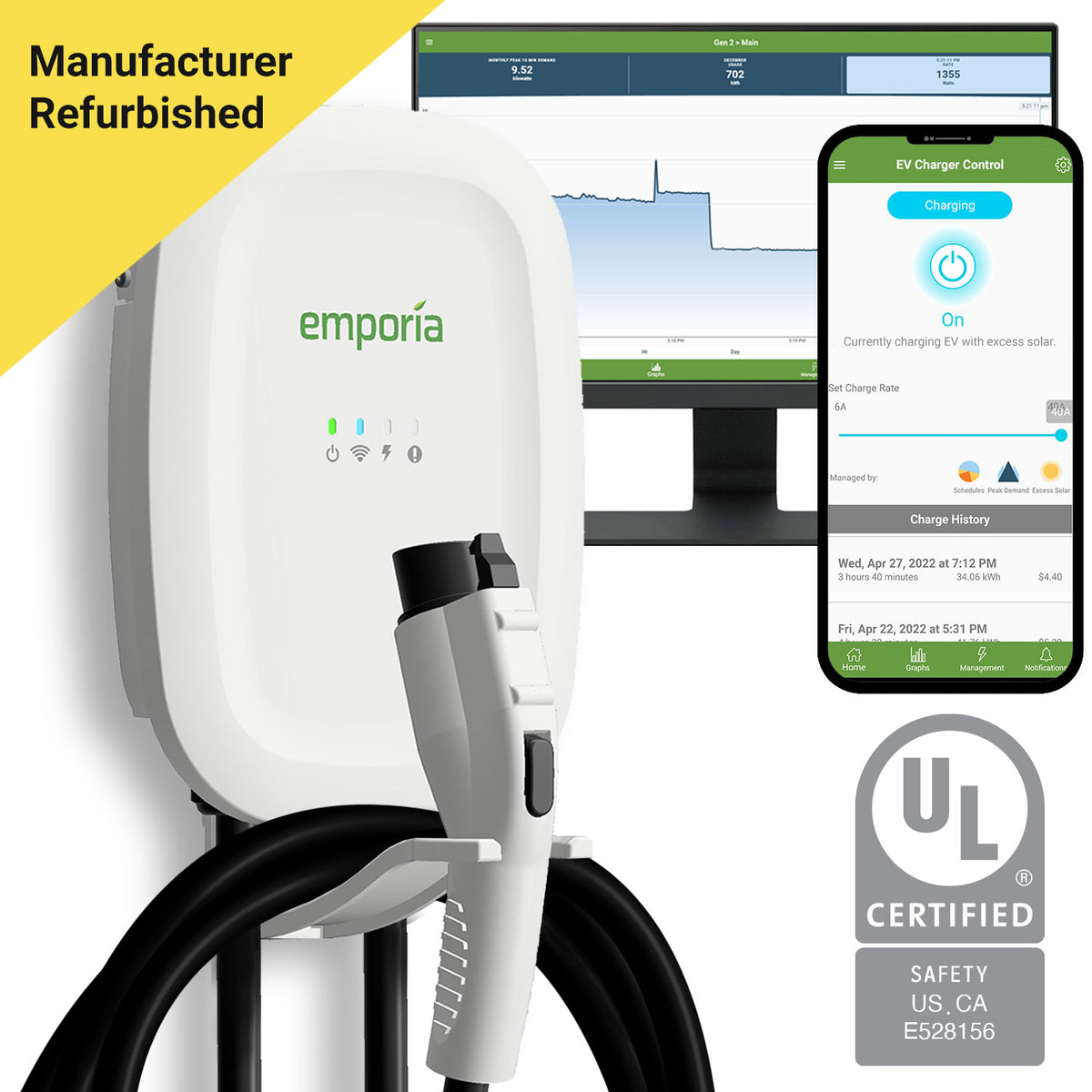 Emporia Level 2 Smart Home EV Charger NEMA 14-50 Refurbished $309 + Free Shipping