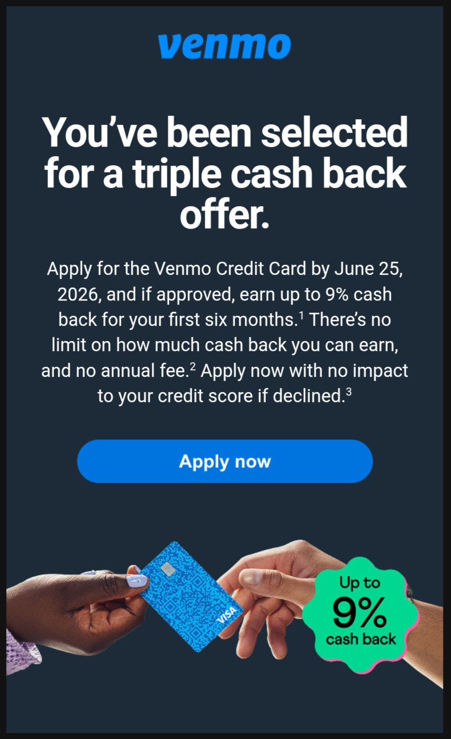 YMMV Check Email Venmo Credit Card Triple Cash Back Offer