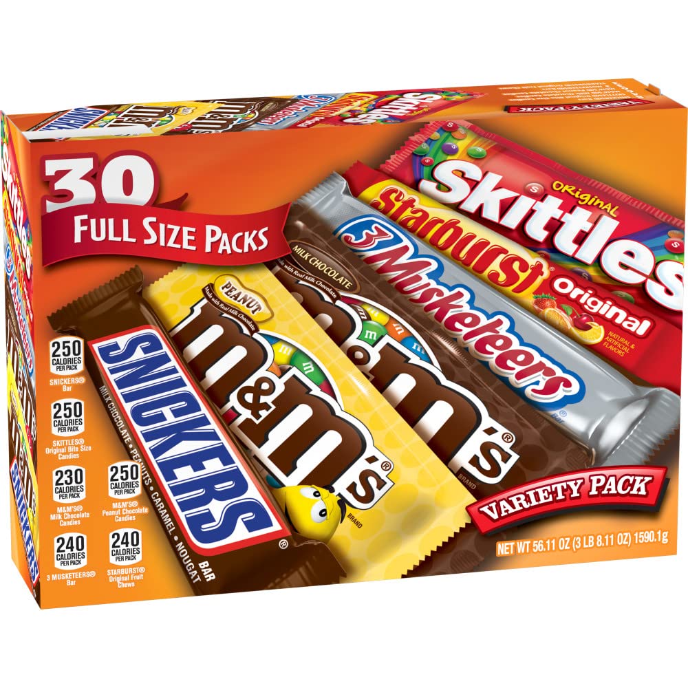 YMMV on coupon M&M'S, SNICKERS, 3 MUSKETEERS, SKITTLES & STARBURST Full Size Chocolate Candy Variety Mix 56.11-Ounce 30-Count Box $17.33 ($.58 ea)