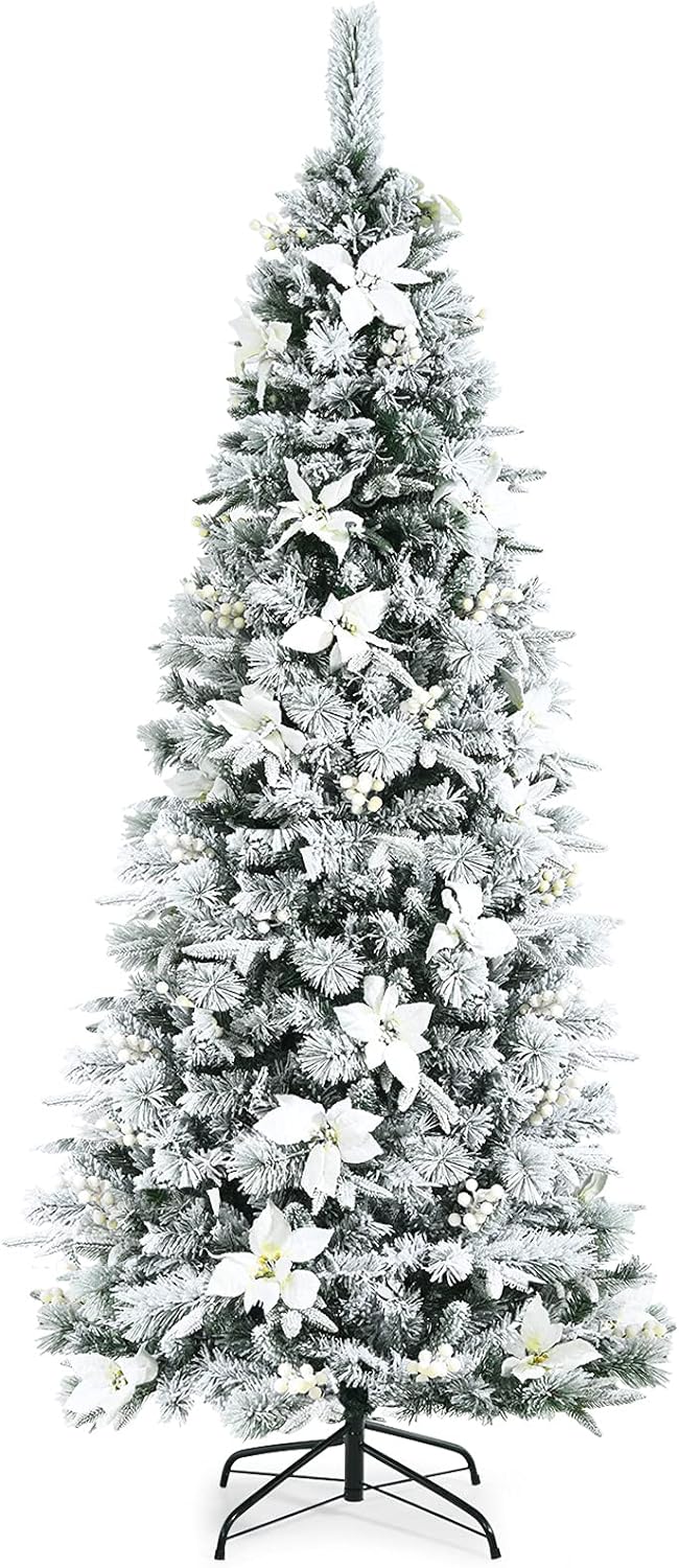 7' Artificial Snow Flocked Pencil Christmas Tree w/ White Berries, Poinsettia Flowers & Folding Metal Stand $60.29 & More + Free Shipping