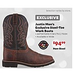 Academy Sports + Outdoors Black Friday: Justin Exclusive Steel-Toe Work Boots for Men for $99.99