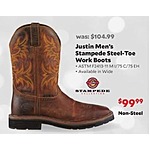 Academy Sports + Outdoors Black Friday: Justin Stampede Steel-Toe Work Boots for Men for $99.99