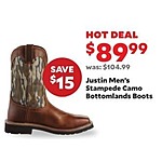 Academy Sports + Outdoors Black Friday: Justin Men's Stampede Camo Bottomlands Boots for $89.99